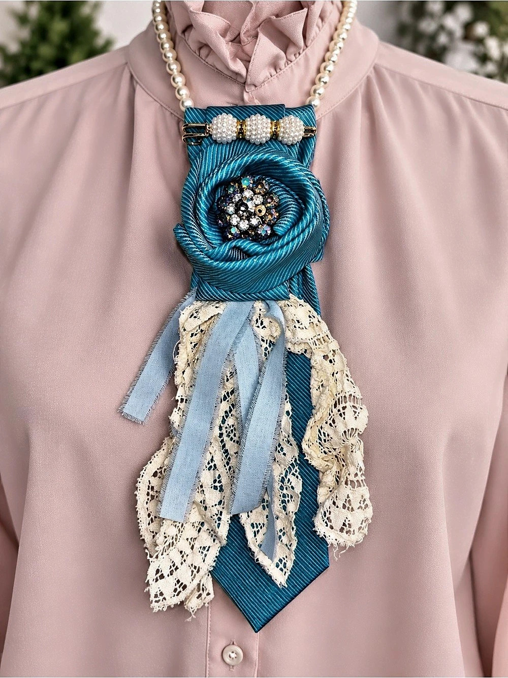 Handmade Upcycled Necktie Statement Necklace Pearl Rhinestone Boho Victorian